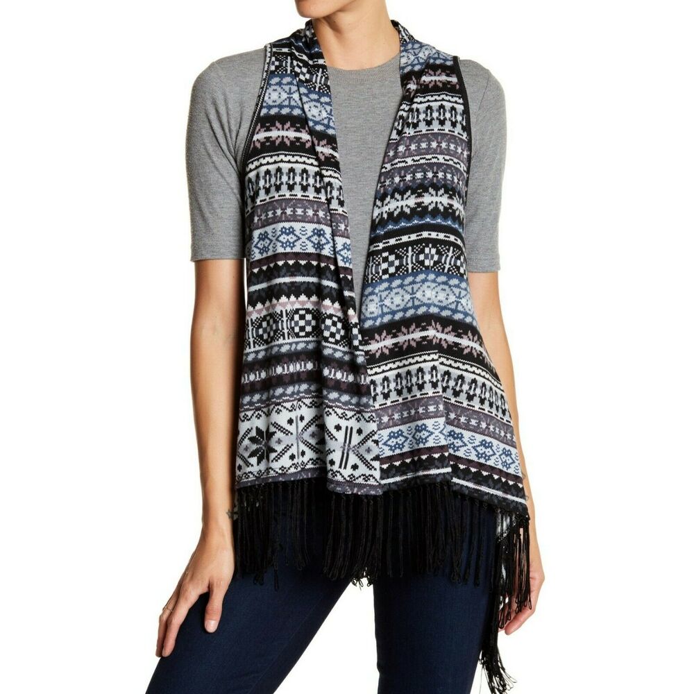 PAPILLON Fair Isle open front fringe boho knit sweater vest grey print Sz S NEW - Picture 5 of 5